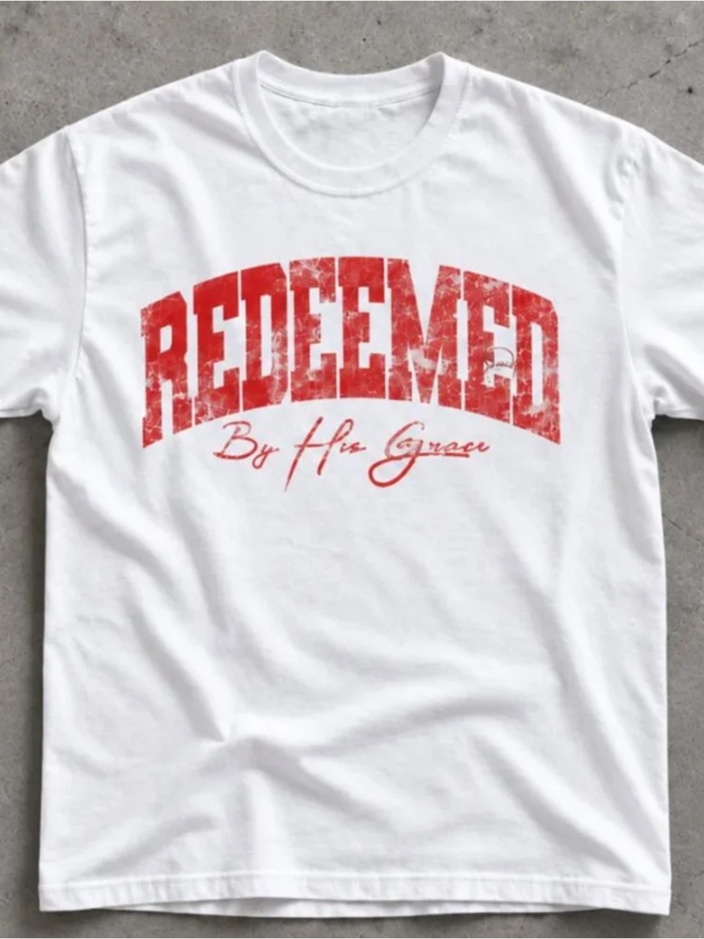 Gildan White Short Sleeve Tee with Red "Redeemed" Graphic